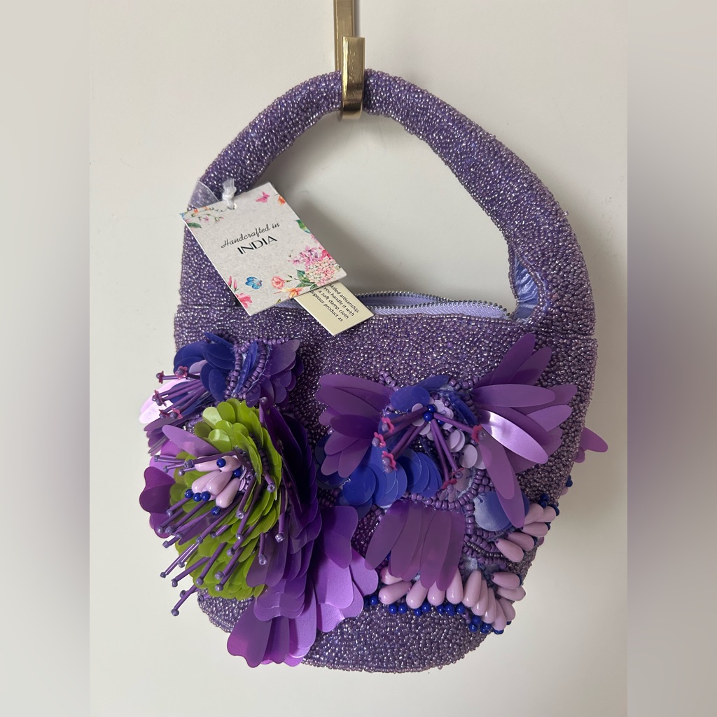 Viral Beaded Purple Floral Sequins Handle Bag
